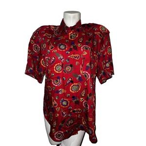 Leslie Fay Sportswear Red Paisley Crest Button Up Shirt Epaulettes Vintage Sz 12